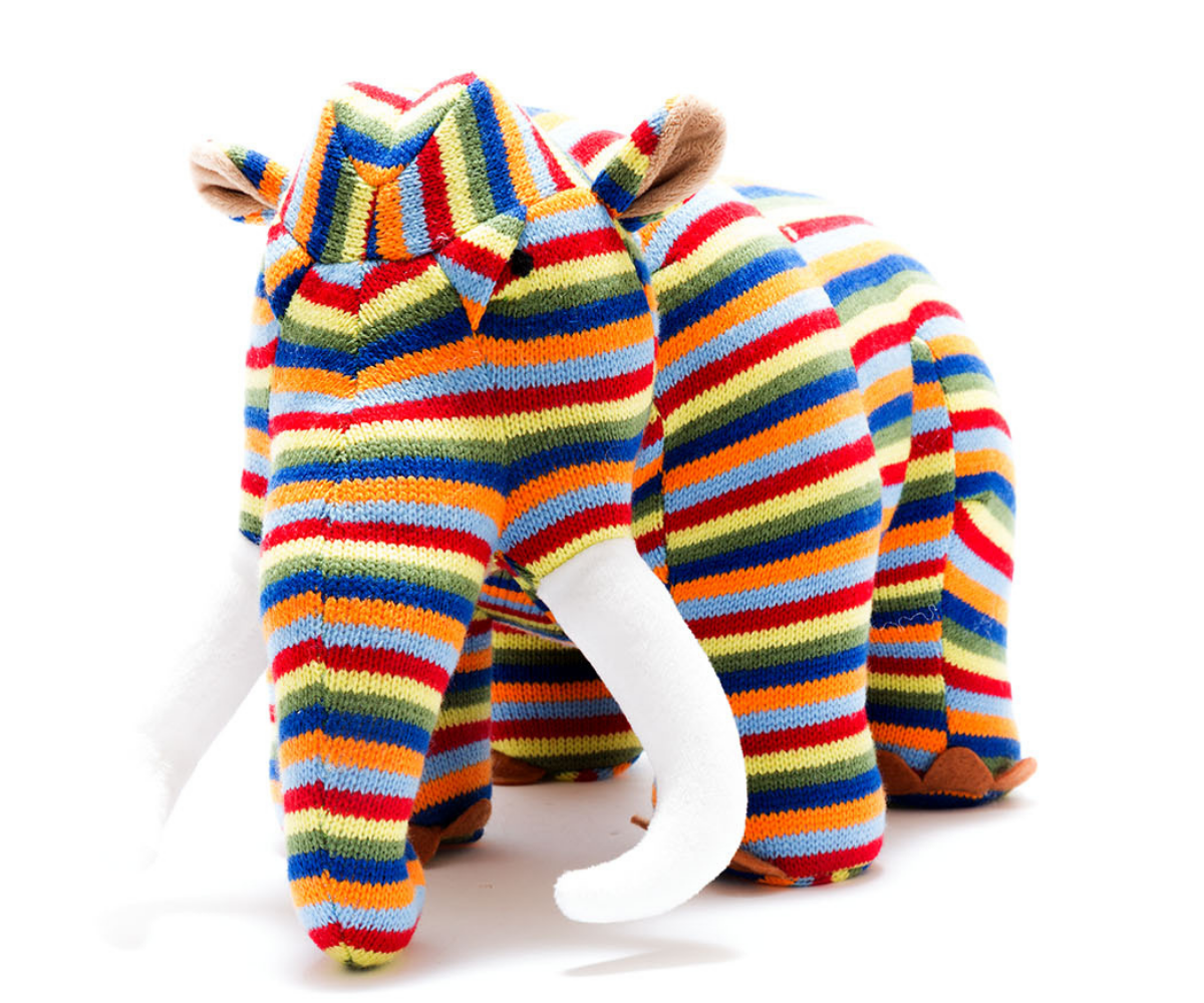 Knitted multi stripe woolly mammoth dinosaur soft toy